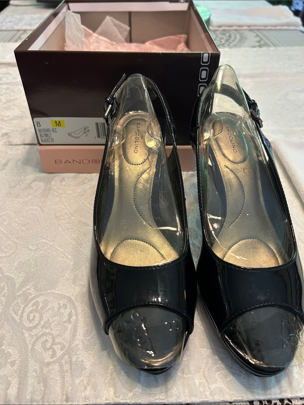 Bandolino Black Patent Leather Peep-Toe Slingback Heels Size 8M; Excellent Cond.